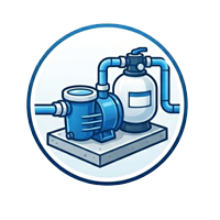 Equipment-installationpng - Reign Pool Services - Reign Pool Services Illustration of a blue water pump connected to pipes on a small concrete base, enclosed in a circular border.