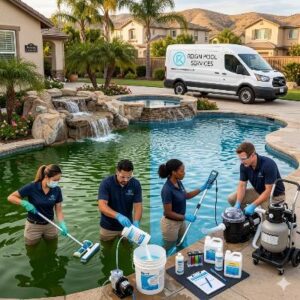 Green to Clean - Reign Pool Services - Reign Pool Services Four pool technicians in masks and gloves clean a backyard pool with supplies; a service van is parked in the background.