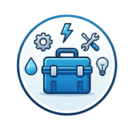 Other-Pool-Servicespng - Reign Pool Services - Reign Pool Services Blue toolbox inside a circular badge with gear, wrench, lightning bolt, water drop, and light bulb symbols indicating maintenance and repair services.