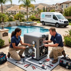 Two technicians servicing a standby generator by a pool in a sunny suburban backyard, with a service van in the background (REIGN).