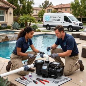 Two pool technicians install a pump beside a backyard pool, kneeling on a mat with tools, as a Reign Pool Services van sits in a suburban driveway.