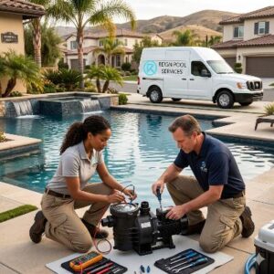 Pool Pump Repair - Reign Pool Services - Reign Pool Services Two pool service technicians kneel by a home's pool pump, repairing the system with tools laid out nearby; a company van sits in the driveway.