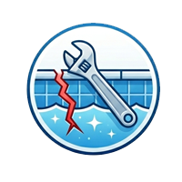 Pool-Repairspng - Reign Pool Services - Reign Pool Services Icon of a wrench fixing a cracked blue pool tile, inside a circular blue badge
