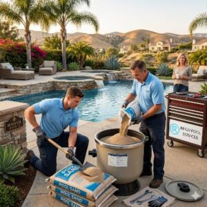 Pool Sand Changes - Reign Pool Services - Reign Pool Services Two pool maintenance workers in blue shirts pour pool sand into a large drum mixer beside a sunny backyard pool; a teammate nearby watches with a cart labeled 'Pool Service'.