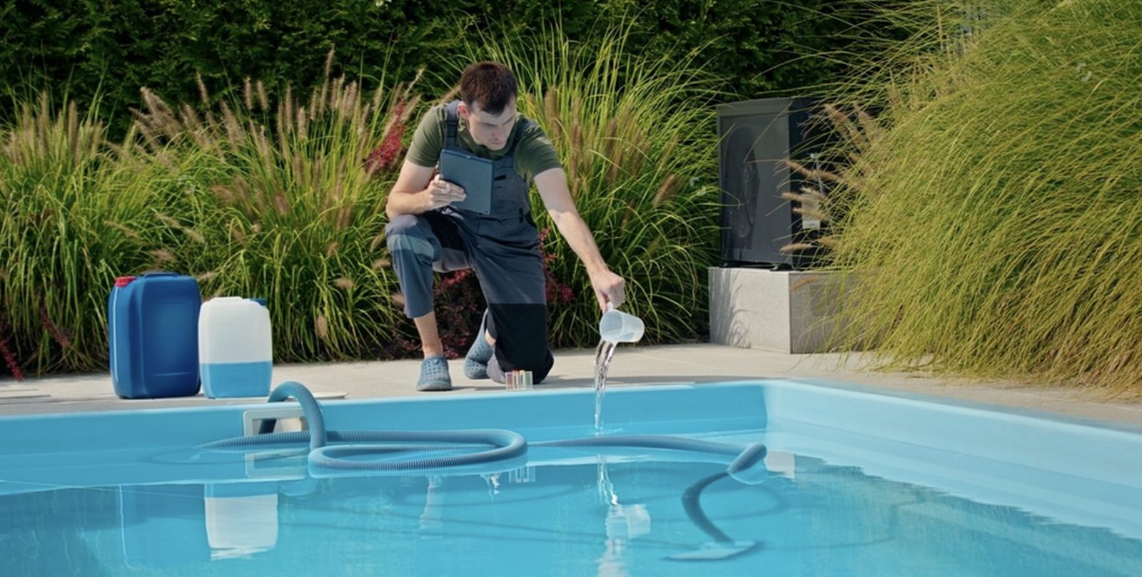 Pool maintenance scene: technician kneels by the pool edge, pouring water from a jug while checking a tablet in hand.