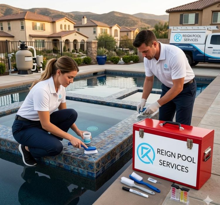 Professional Pool Tile Cleaning and calcium removal in Corona CA by Reign Pool Services